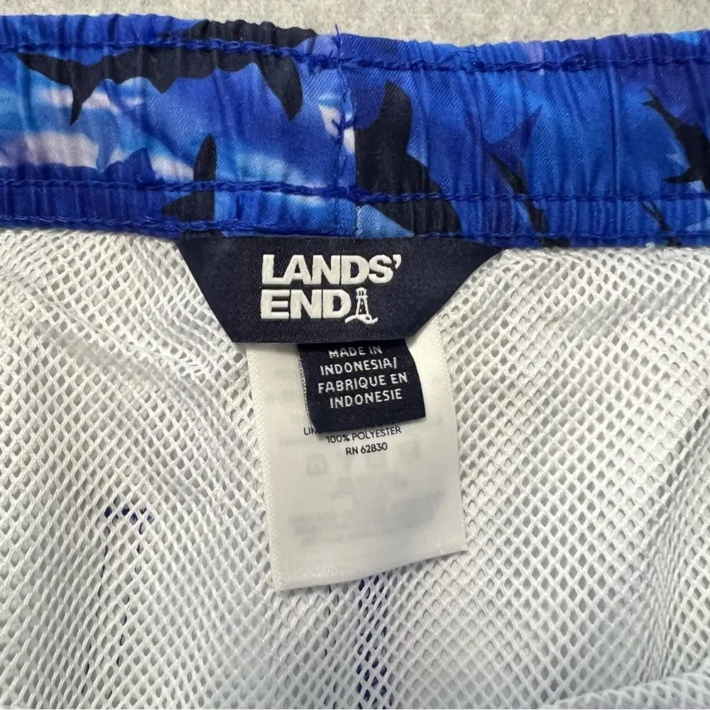 Lands' End Kids Swim Trunks Shark Print Size Small 6/7 Elastic Drawstring Waist